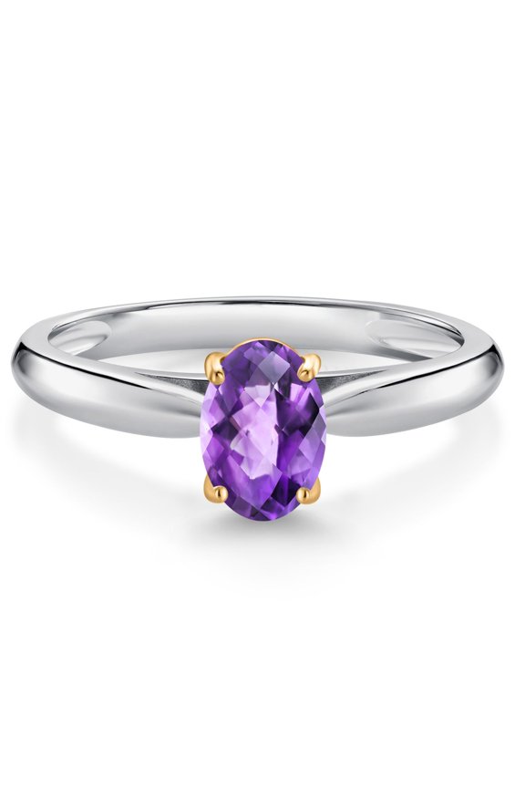 925 Sterling Silver and 10K Yellow Gold Purple Amethyst Solitaire Engagement Ring for Women (0.75 Cttw, Oval Checkerboard 7X5MM, Gemstone February Birthstone, Available in Size 5, 6, 7, 8, 9)
