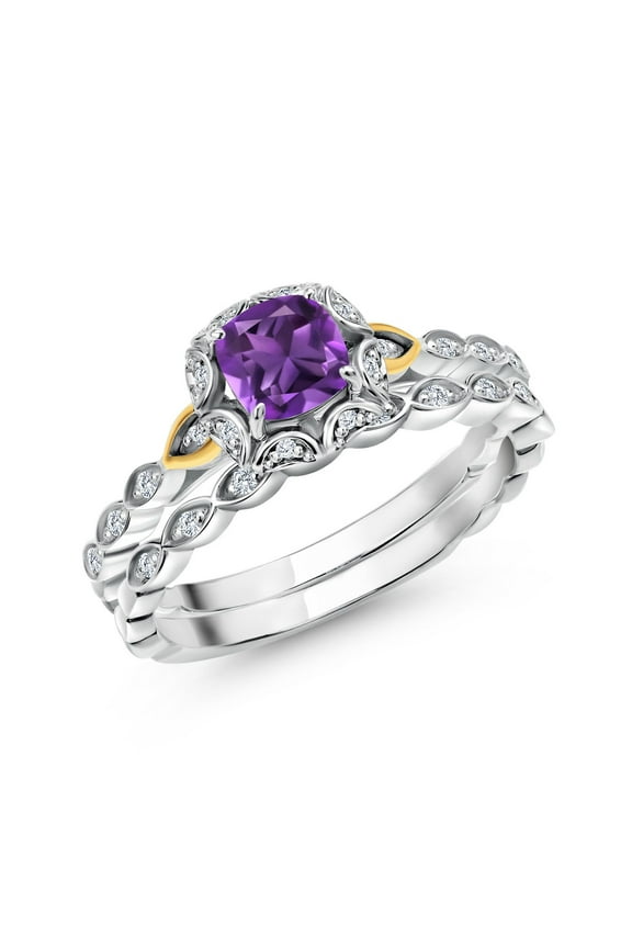 925 Sterling Silver and 10K Yellow Gold Purple Amethyst and White Lab Grown Diamond Bridal Ring Set for Women (0.67 Cttw, 5MM Cushion Cut, Gemstone Birthstone, Available in Size 5,6,7,8,9)