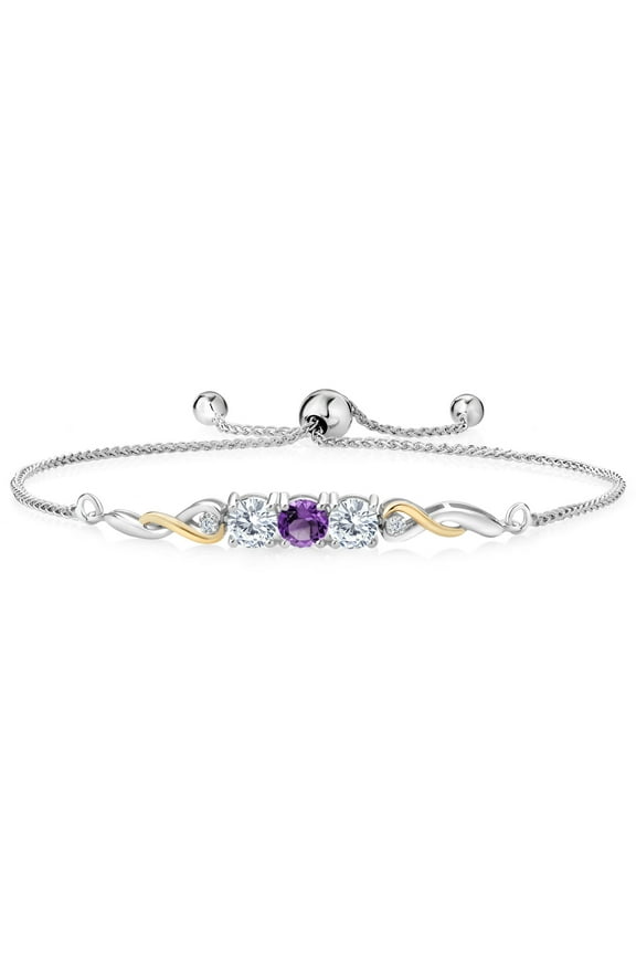 925 Sterling Silver and 10K Yellow Gold Purple Amethyst White Moissanite and White Lab Grown Diamond Tennis Bracelet for Women (1.50 Cttw, Gemstone February Birthstone, Fully Adjustable up to 9 inch)
