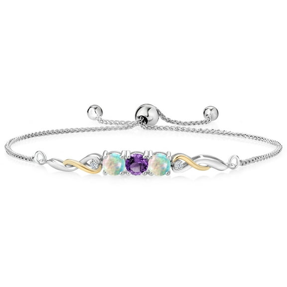 925 Sterling Silver and 10K Yellow Gold Purple Amethyst White Opal and White Lab Grown Diamond Tennis Bracelet for Women (1.50 Cttw, Gemstone February Birthstone, Fully Adjustable up to 9 inch)