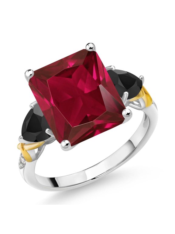 925 Sterling Silver and 10K Yellow Gold Red Created Ruby Black Onyx and White Diamond 3 Stone Ring for Women (6.44 Cttw, Gemstone July Birthstone, Emerald Cut 12X10MM, Size 5)