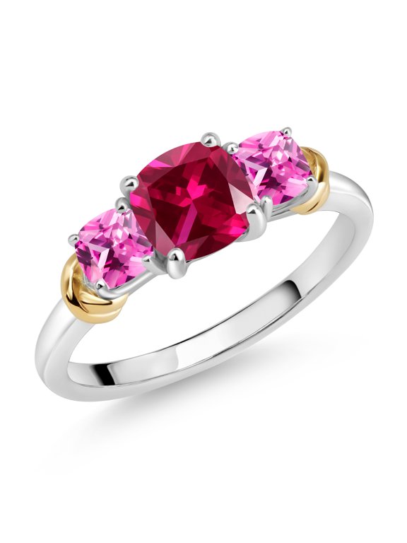 925 Sterling Silver and 10K Yellow Gold Red Created Ruby and Pink Created Sapphire 3 Stone Engagement Ring for Women (1.69 Cttw, Cushion Cut 6MM and 4MM, Available in Size 5, 6, 7, 8, 9)