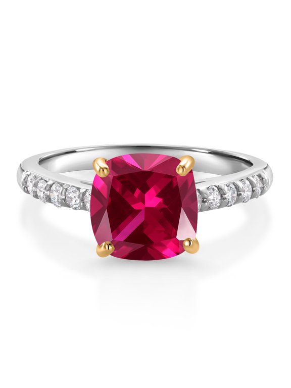 925 Sterling Silver and 10K Yellow Gold Red Created Ruby and White Lab Grown Diamond Engagement Ring for Women (2.70 Cttw, Cushion 8MM, Gemstone July Birthstone, Size 5)