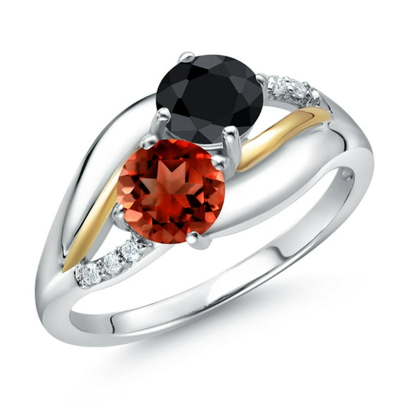 Gem Stone King 925 Sterling Silver and 10K Yellow Gold Red Garnet Black Sapphire and Lab Grown Diamond 2 Stone Engagement Ring for Women (1.73 Cttw, Round 5MM, January Birthstone, Size 8)