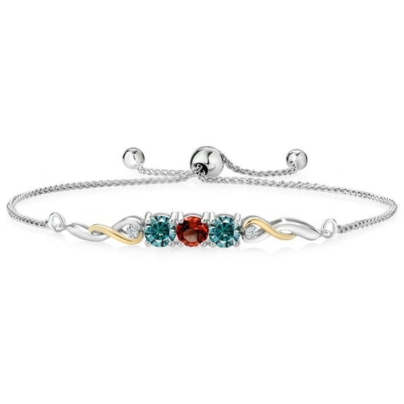 925 Sterling Silver and 10K Yellow Gold Red Garnet Blue Moissanite and White Lab Grown Diamond Tennis Bracelet for Women (2.02 Cttw, Gemstone January Birthstone, Fully Adjustable up to 9 inch)