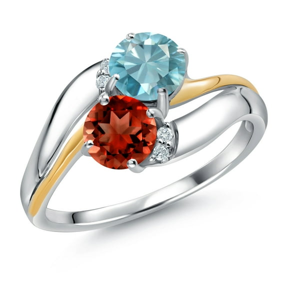 Gem Stone King 925 Sterling Silver and 10K Yellow Gold Red Garnet Blue Zircon 5MM Round 2 Stone and White Lab Grown Diamond Accent Ring for Women (1.88 Cttw, Gemstone January Birthstone, Size 9)