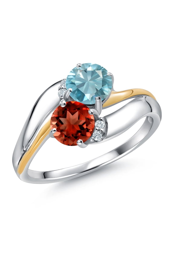 925 Sterling Silver and 10K Yellow Gold Red Garnet Blue Zircon 5MM Round 2 Stone and White Lab Grown Diamond Accent Ring for Women (1.88 Cttw, Gemstone January Birthstone, Size 5)