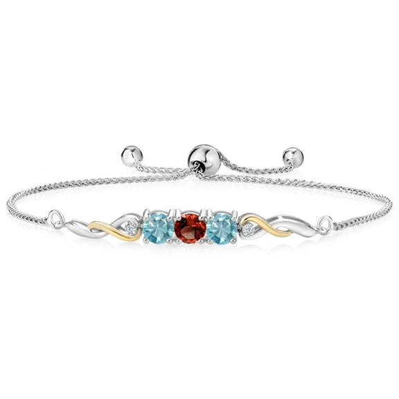 925 Sterling Silver and 10K Yellow Gold Red Garnet Blue Zircon and White Lab Grown Diamond Tennis Bracelet for Women (2.72 Cttw, Gemstone January Birthstone, Fully Adjustable up to 9 inch)
