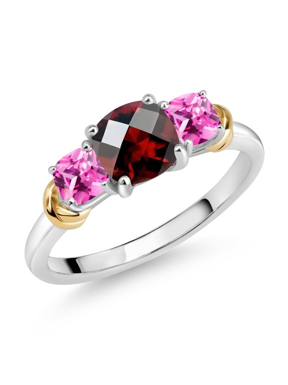 925 Sterling Silver and 10K Yellow Gold Red Garnet and Pink Created Sapphire 3 Stone Engagement Ring for Women (1.64 Cttw, Cushion Checkerboard Cut 6MM and 4MM, Available in Size 5, 6, 7, 8, 9)