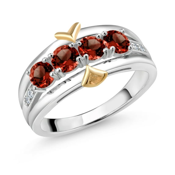 925 Sterling Silver and 10K Yellow Gold Red Garnet and White Lab Grown Diamond 4-Stone Wedding Band Ring for Women (1.53 Cttw, Gemstone January Birthstone, Available in Size 5, 6, 7, 8, 9)
