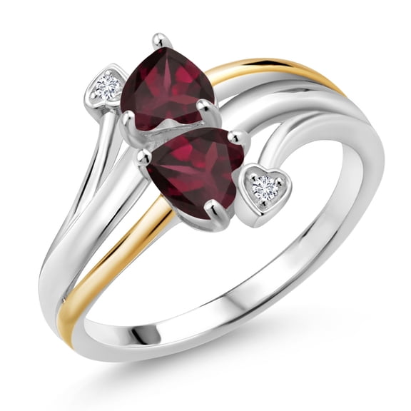 Gem Stone King 925 Sterling Silver and 10K Yellow Gold Red Rhodolite Garnet 2 Heart Promise Couple Engagement Mother Lab Grown Diamond Ring (1.12 Cttw, Gemstone Birthstone, Size 5)