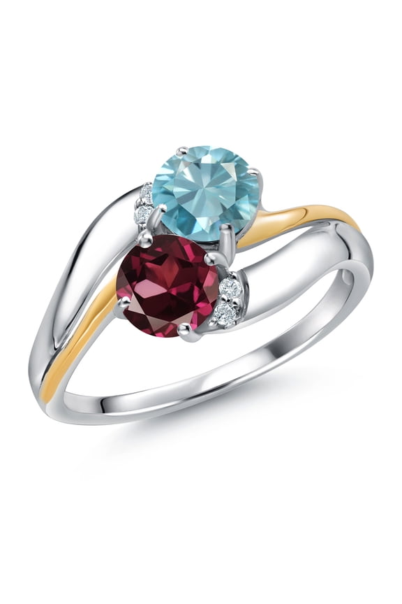 925 Sterling Silver and 10K Yellow Gold Red Rhodolite Garnet Blue Zircon 2 Stone and Lab Grown Diamond Accent Ring for Women (1.48 Cttw, Gemstone January Birthstone, Size 5)