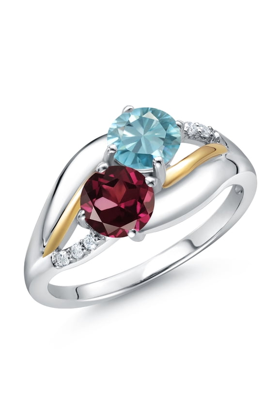 925 Sterling Silver and 10K Yellow Gold Red Rhodolite Garnet Blue Zircon and Lab Grown Diamond 2 Stone Engagement Ring for Women (1.49 Cttw, Round, January Birthstone, Size 9)