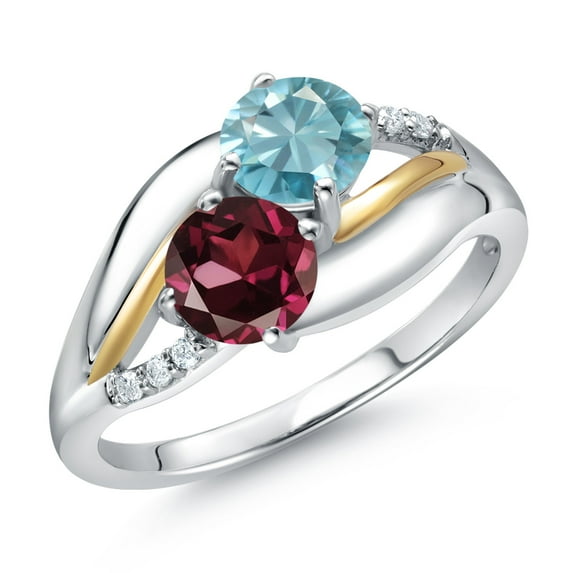 Gem Stone King 925 Sterling Silver and 10K Yellow Gold Red Rhodolite Garnet Blue Zircon and Lab Grown Diamond 2 Stone Engagement Ring for Women (1.49 Cttw, Round, January Birthstone, Size 7)