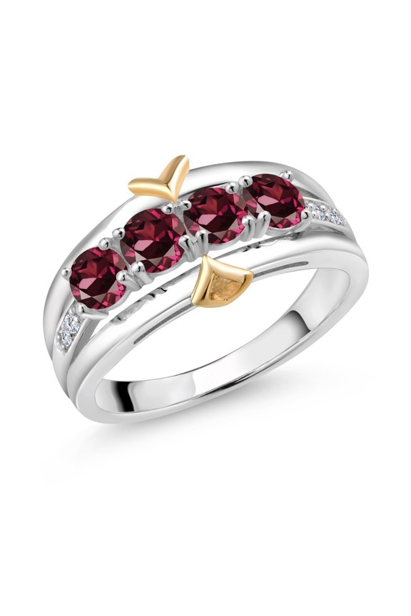 925 Sterling Silver and 10K Yellow Gold Red Rhodolite Garnet and White Lab Grown Diamond 4-Stone Wedding Band Ring for Women (1.53 Cttw, Gemstone January Birthstone, Available in Size 5, 6, 7, 8, 9)
