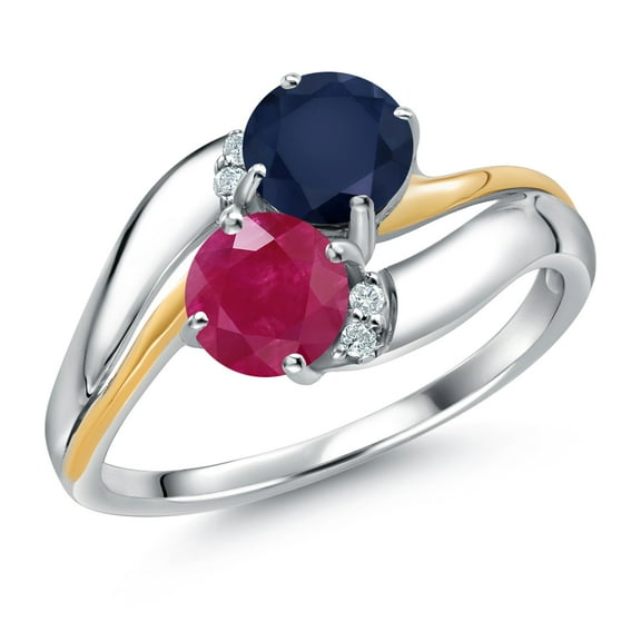 Gem Stone King 925 Sterling Silver and 10K Yellow Gold Red Ruby Blue Sapphire 5MM Round 2 Stone and White Lab Grown Diamond Accent Ring for Women (1.18 Cttw, Gemstone July Birthstone, Size 7)