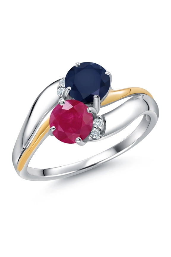 925 Sterling Silver and 10K Yellow Gold Red Ruby Blue Sapphire 5MM Round 2 Stone and White Lab Grown Diamond Accent Ring for Women (1.18 Cttw, Gemstone July Birthstone, Size 5)