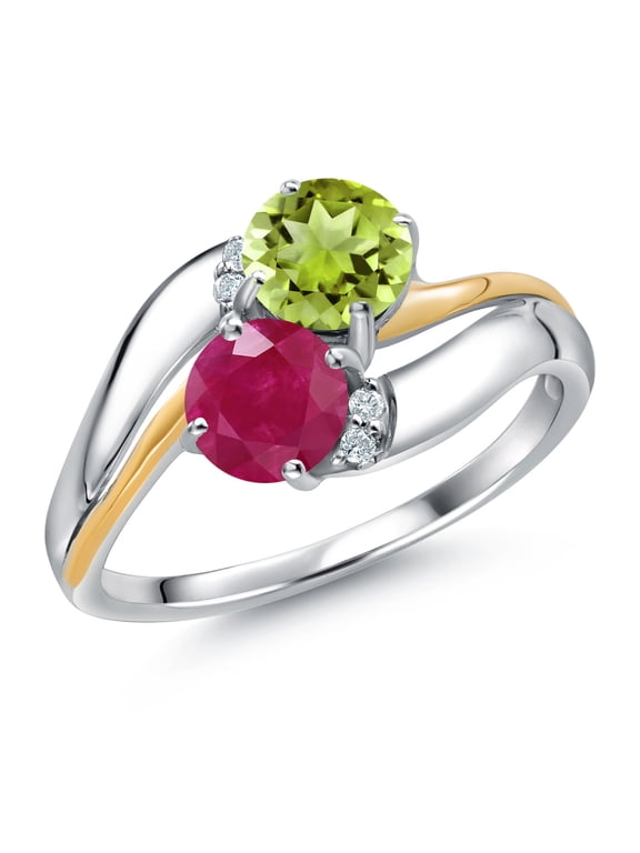 925 Sterling Silver and 10K Yellow Gold Red Ruby Green Peridot 5MM Round 2 Stone and White Lab Grown Diamond Accent Ring for Women (1.13 Cttw, Gemstone July Birthstone, Size 9)