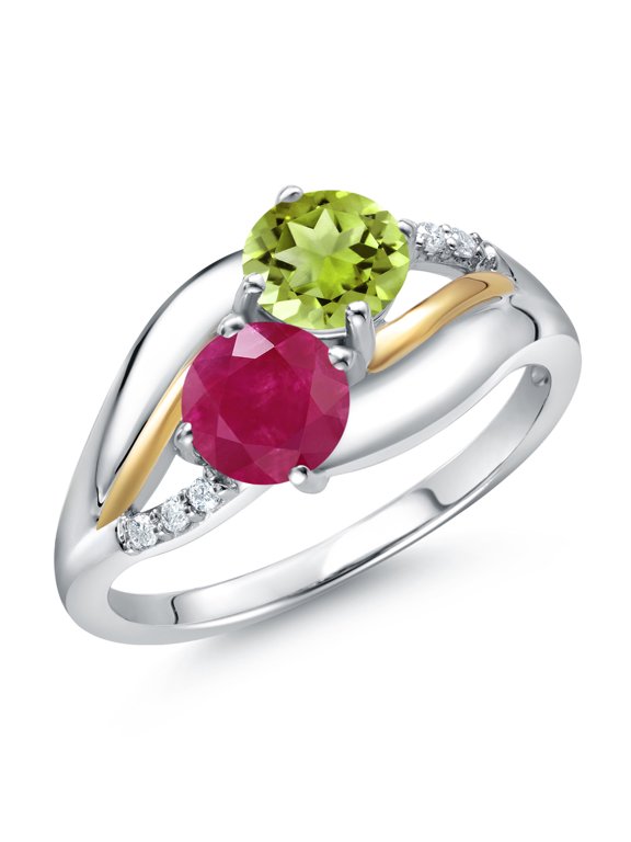 925 Sterling Silver and 10K Yellow Gold Red Ruby Green Peridot and White Lab Grown Diamond 2 Stone Engagement Ring for Women (1.14 Cttw, Round 5MM, July Birthstone, Size 9)