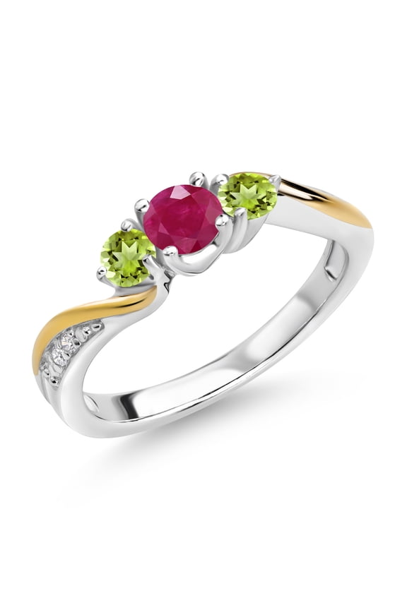 925 Sterling Silver and 10K Yellow Gold Red Ruby Green Peridot and Lab Grown Diamond 3 Stone Engagement Ring for Women (0.62 Cttw, Gemstone July Birthstone, Size 7)
