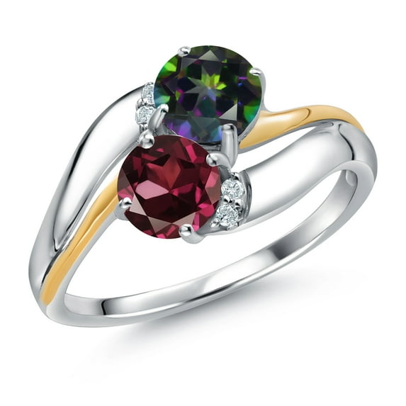Gem Stone King 925 Sterling Silver and 10K Yellow Gold Rhodolite Garnet and Mystic Topaz 2 Stone and Lab Grown Diamond Accent Ring for Women (1.18 Cttw, Gemstone January Birthstone, Size 6)