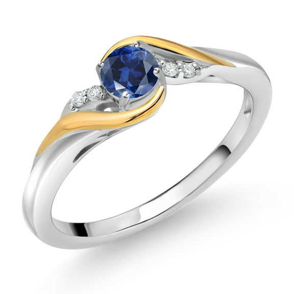Gem Stone King 925 Sterling Silver and 10K Yellow Gold Round Blue Created Sapphire and White Lab Grown Diamond Engagement Ring for Women (0.28 Cttw, Gemstone Birthstone, Size 8)