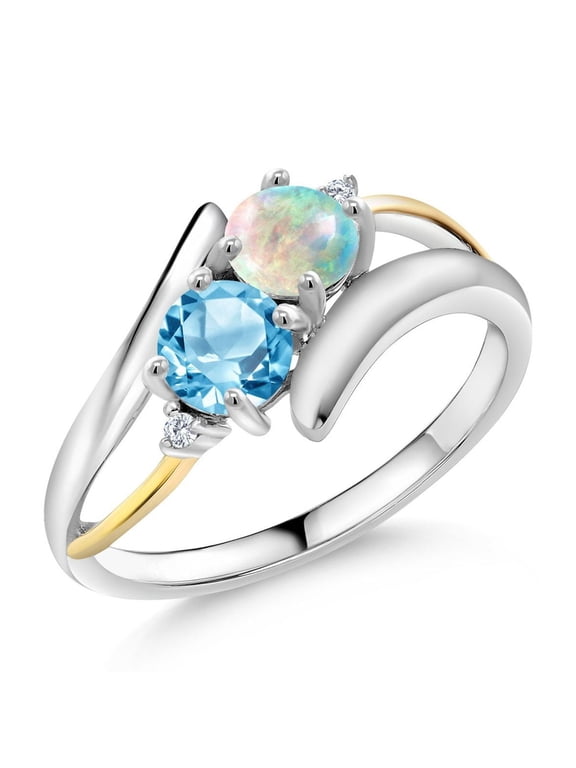 925 Sterling Silver and 10K Yellow Gold Round Cabochon White Simulated Opal Swiss Blue Topaz and Lab Grown Diamond Women Ring (1.17 Cttw, Gemstone Birthstone, Size 5)