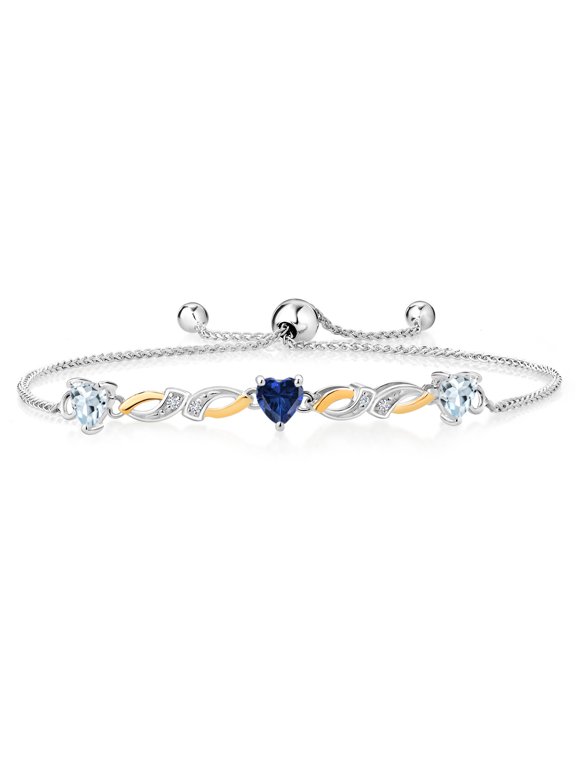 925 Sterling Silver and 10K Yellow Gold Sky Blue Aquamarine Blue Created Sapphire and White G-H Lab Grown Diamond Tennis Bracelet for Women (1.36 Cttw, Heart Shape 5MM, Fully Adjustable up to 9 inch)