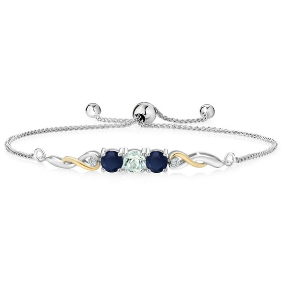 925 Sterling Silver and 10K Yellow Gold Sky Blue Aquamarine Blue Sapphire and White Lab Grown Diamond Tennis Bracelet for Women (1.72 Cttw, Gemstone March Birthstone, Fully Adjustable up to 9 inch)