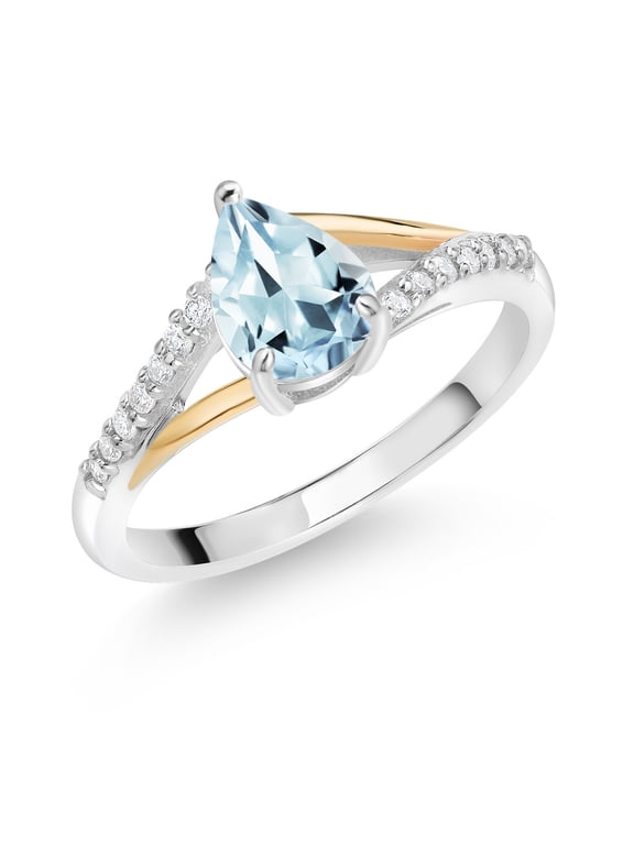 925 Sterling Silver and 10K Yellow Gold Sky Blue Aquamarine and White Lab Grown Diamond Ring for Women (1.01 Cttw, Pear Shape 8X6MM, Gemstone Birthstone, Available in Size 5, 6, 7, 8, 9)