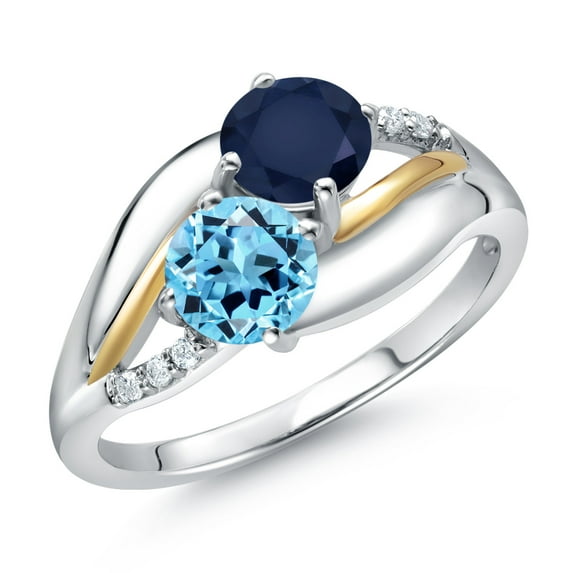 Gem Stone King 925 Sterling Silver and 10K Yellow Gold Swiss Blue Topaz Blue Sapphire and Lab Grown Diamond 2 Stone Engagement Ring for Women (1.29 Cttw, Round, November Birthstone, Size 8)