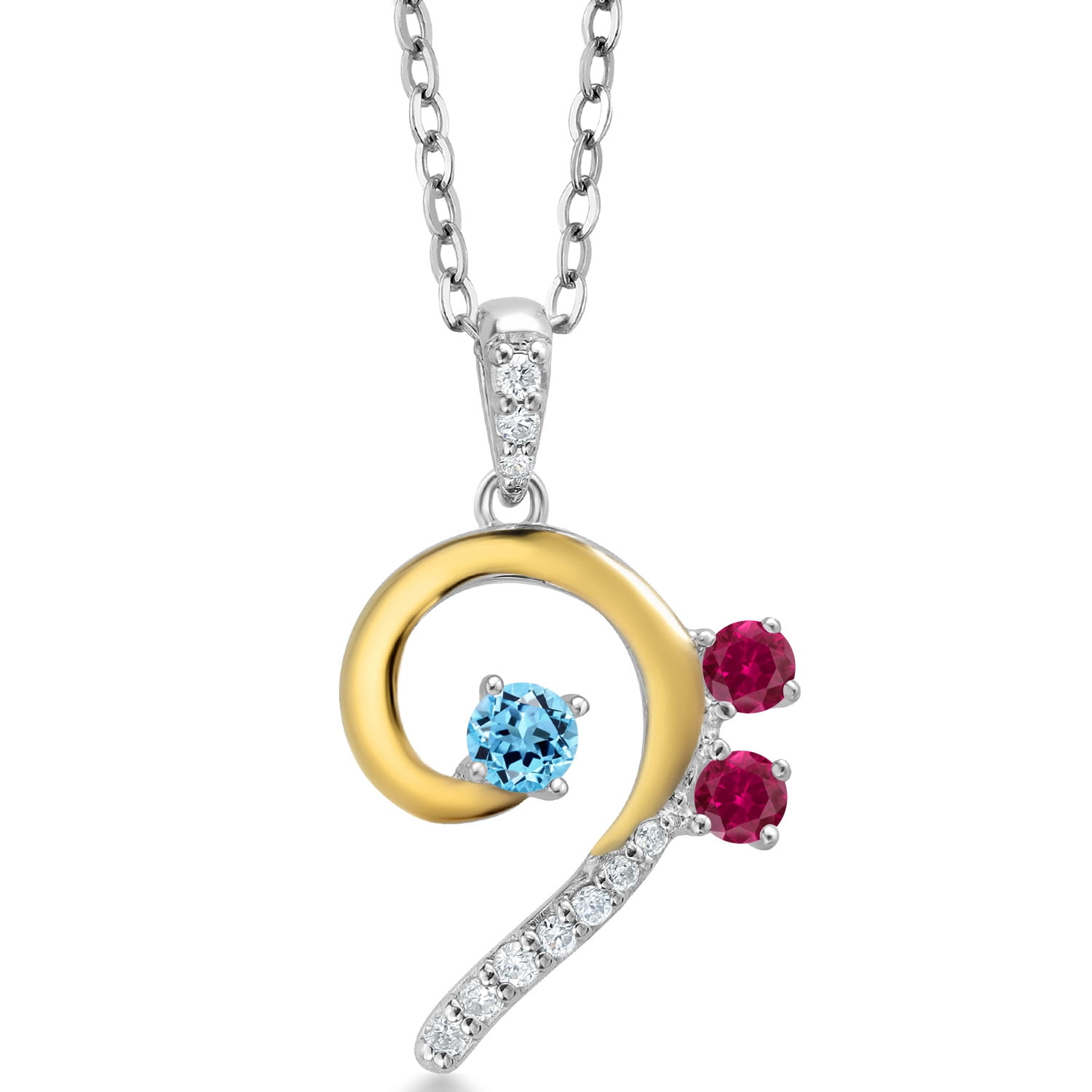 925 Sterling Silver and 10K Yellow Gold Swiss Blue Topaz Red Created ...