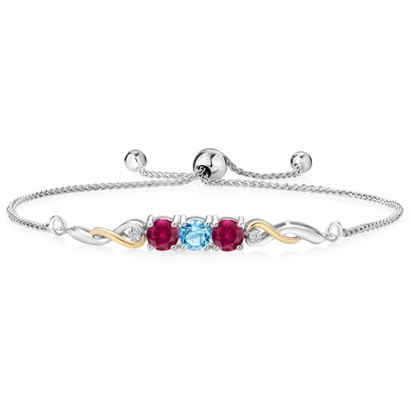 925 Sterling Silver and 10K Yellow Gold Swiss Blue Topaz Red Created Ruby and White Lab Grown Diamond Tennis Bracelet for Women (2.67 Cttw, Gemstone November Birthstone, Fully Adjustable up to 9 inch)