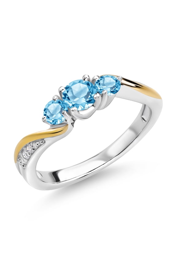 925 Sterling Silver and 10K Yellow Gold Swiss Blue Topaz and White Lab Grown Diamond 3 Stone Engagement Ring for Women (0.68 Cttw, Gemstone November Birthstone, Size 5)