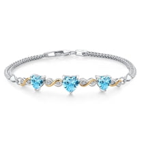 925 Sterling Silver and 10K Yellow Gold Swiss Blue Topaz and White Lab Grown Diamond Bracelet for Women (3.48 Cttw, Gemstone November Birthstone, Heart 7MM and 6MM, 6.5/7/7.5 inch, Made in Italy)