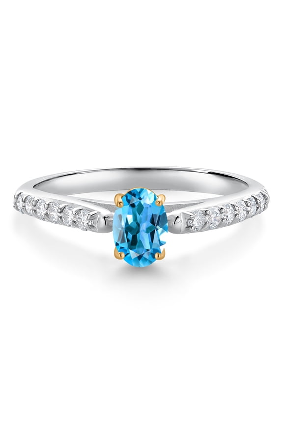 925 Sterling Silver and 10K Yellow Gold Swiss Blue Topaz and White Lab Grown Diamond Engagement Ring for Women (0.73 Cttw, Oval 6X4MM, Gemstone November Birthstone, Size 7)