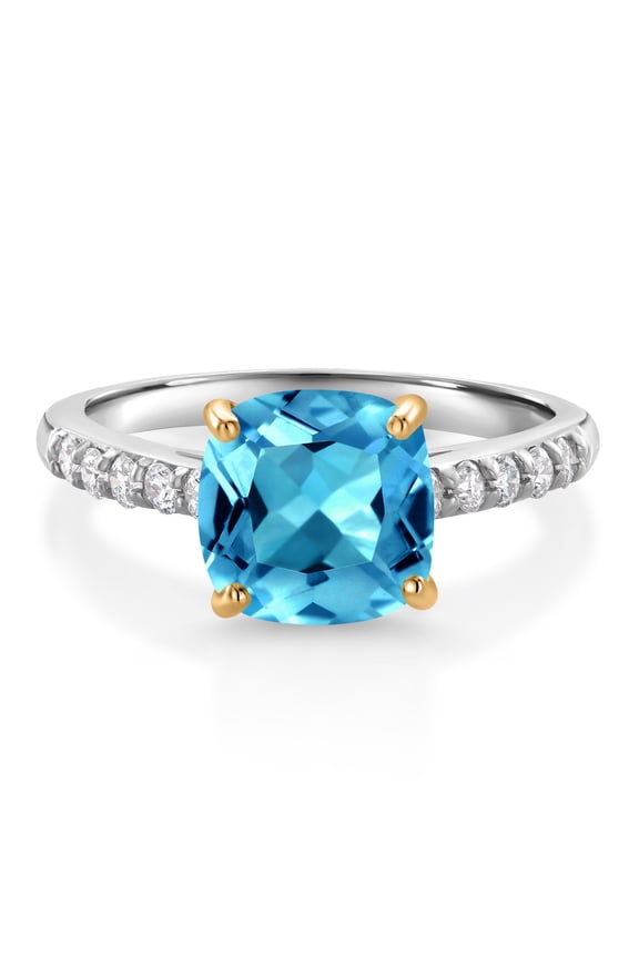 925 Sterling Silver and 10K Yellow Gold Swiss Blue Topaz and White Lab Grown Diamond Engagement Ring for Women (2.50 Cttw, Cushion 8MM, Gemstone November Birthstone, Size 7)