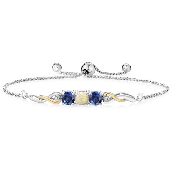 925 Sterling Silver and 10K Yellow Gold White Ethiopian Opal Blue Created Sapphire and White Lab Grown Diamond Tennis Bracelet for Women (1.52 Cttw, Gemstone Birthstone, Fully Adjustable up to 9 inch)