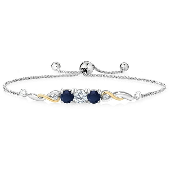 925 Sterling Silver and 10K Yellow Gold White Moissanite Blue Sapphire and White Lab Grown Diamond Tennis Bracelet for Women (1.72 Cttw, Gemstone Birthstone, Fully Adjustable up to 9 inch)