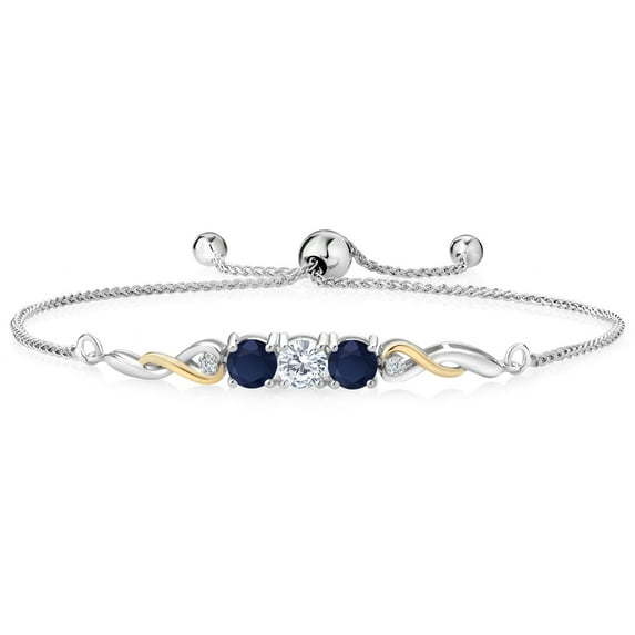 925 Sterling Silver and 10K Yellow Gold White Moissanite Blue Sapphire and White Lab Grown Diamond Tennis Bracelet for Women (1.72 Cttw, Gemstone Birthstone, Fully Adjustable up to 9 inch)