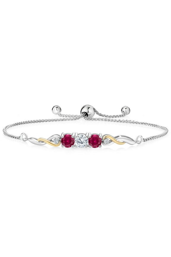 925 Sterling Silver and 10K Yellow Gold White Moissanite Red Created Ruby and White Lab Grown Diamond Tennis Bracelet for Women (2.52 Cttw, Gemstone Birthstone, Fully Adjustable up to 9 inch)
