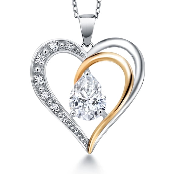 925 Sterling Silver and 10K Yellow Gold White Moissanite and White Lab Grown Diamond Heart Shape Pendant Necklace for Women By Keren Hanan (1.17 Cttw, Pear Shaped 8X6MM, with 18 inch Chain)