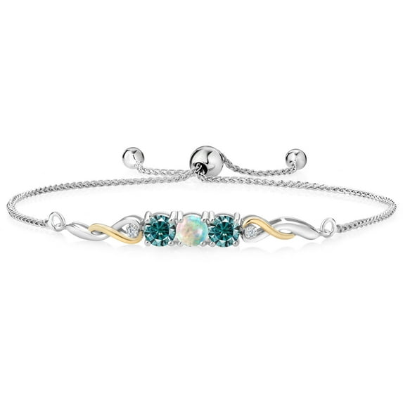 925 Sterling Silver and 10K Yellow Gold White Opal Blue Moissanite and White Lab Grown Diamond Tennis Bracelet for Women (1.52 Cttw, Gemstone October Birthstone, Fully Adjustable up to 9 inch)