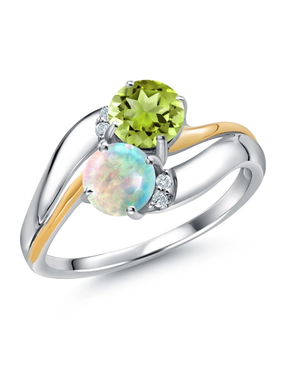 925 Sterling Silver and 10K Yellow Gold White Simulated Opal Green Peridot 2 Stone and Lab Grown Diamond Accent Ring for Women (1.08 Cttw, Gemstone October Birthstone, Size 7)