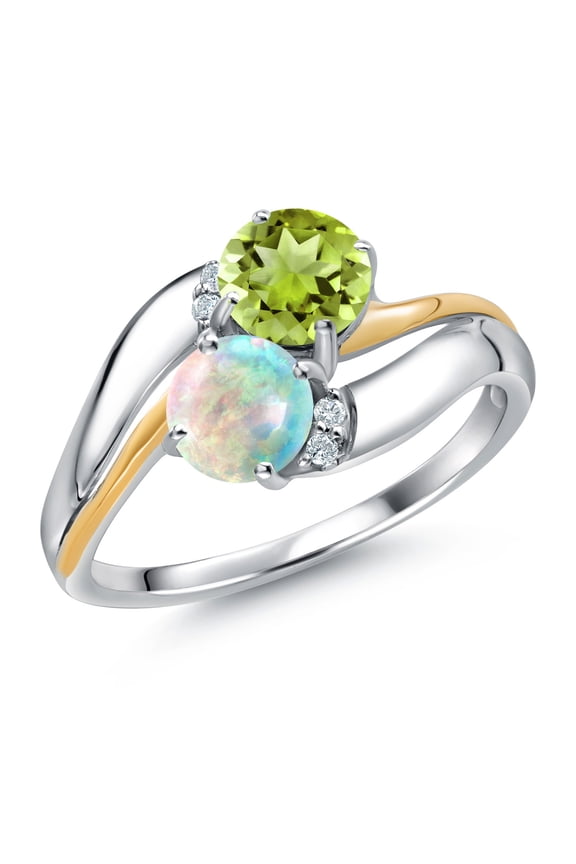 925 Sterling Silver and 10K Yellow Gold White Simulated Opal Green Peridot 2 Stone and Lab Grown Diamond Accent Ring for Women (1.08 Cttw, Gemstone October Birthstone, Size 8)