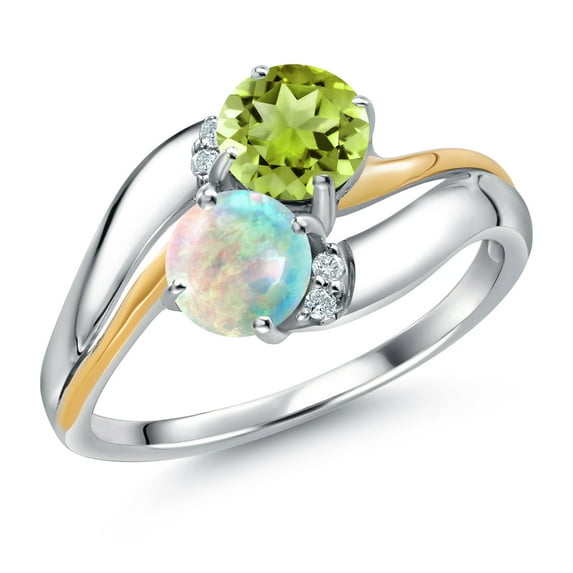Gem Stone King 925 Sterling Silver and 10K Yellow Gold White Simulated Opal Green Peridot 2 Stone and Lab Grown Diamond Accent Ring for Women (1.08 Cttw, Gemstone October Birthstone, Size 9)
