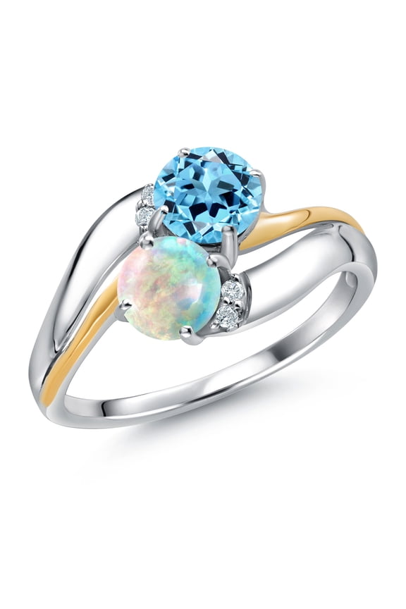 925 Sterling Silver and 10K Yellow Gold White Simulated Opal Swiss Blue Topaz 2 Stone and Lab Grown Diamond Accent Ring for Women (1.18 Cttw, Gemstone October Birthstone, Size 9)