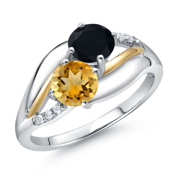 Gem Stone King 925 Sterling Silver and 10K Yellow Gold Yellow Citrine Black Onyx and Lab Grown Diamond 2 Stone Engagement Ring for Women (1.24 Cttw, Round 5MM, November Birthstone, Size 6)