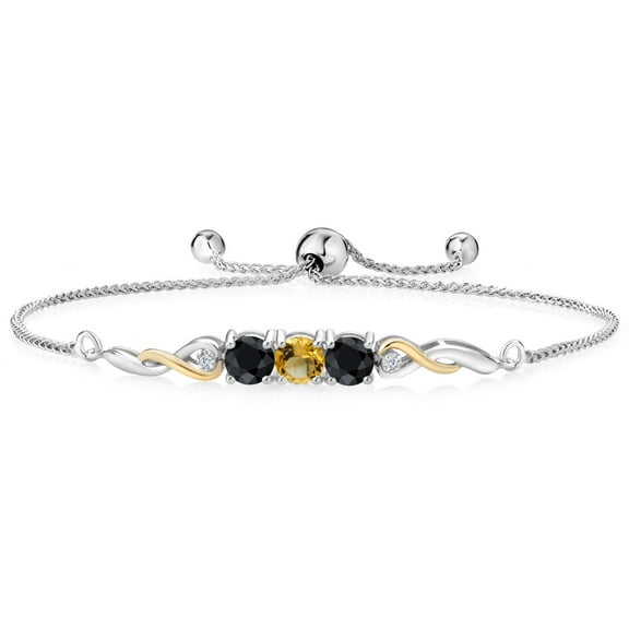 925 Sterling Silver and 10K Yellow Gold Yellow Citrine Black Sapphire and White Lab Grown Diamond Tennis Bracelet for Women (2.13 Cttw, Gemstone November Birthstone, Fully Adjustable up to 9 inch)
