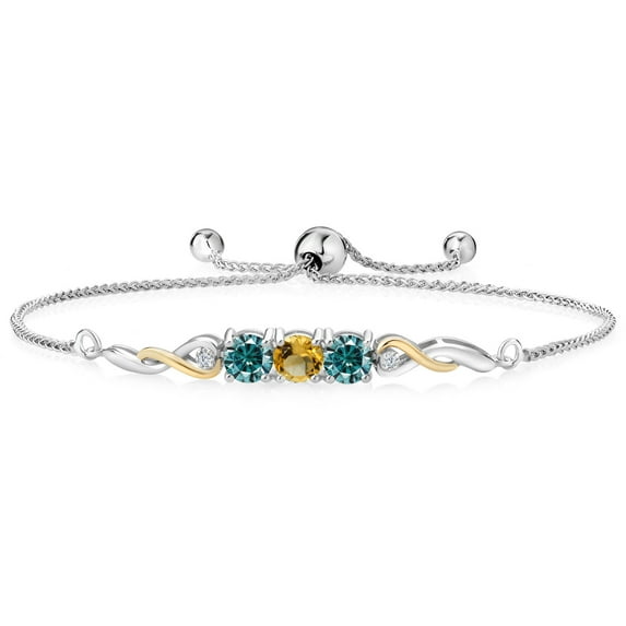 925 Sterling Silver and 10K Yellow Gold Yellow Citrine Blue Moissanite and White Lab Grown Diamond Tennis Bracelet for Women (1.75 Cttw, Gemstone November Birthstone, Fully Adjustable up to 9 inch)